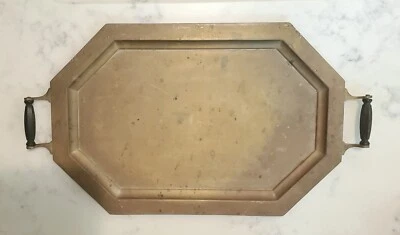 Art Deco Brass Tone Tray with Black Handles - Image 1 of 4