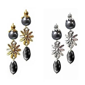 Earrings grey pearl and flower charm drop, choose clip on or pierced - Picture 1 of 5