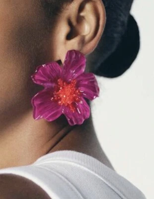 Earrings Flower Zara Beaded Gold Boho Statement Stud Purple Exaggerated Big - Image 1 of 4