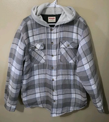 Chaqueta de franela acolchada grande Wrangler para hombre con capucha a cuadros gris azul Foto 1 de 4