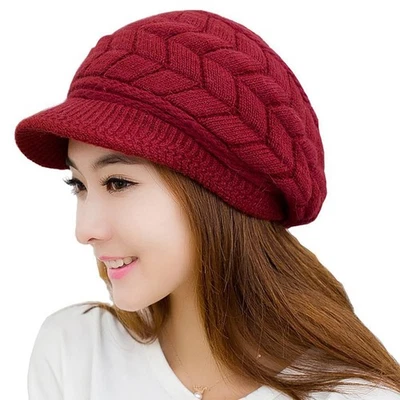Women's Winter Beanie Hat with Visor Brim Thick Warm Knitted Chunky Cap - Image 1 of 4