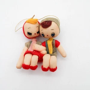 Vtg Stockinette Christmas Tree Ornament Felt Doll Figures Boy & Girl '60s Japan - Picture 1 of 4