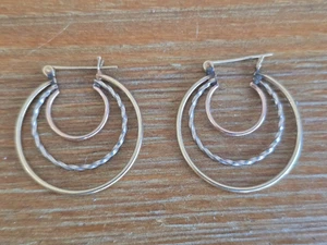 Charming Pair 14k Yellow White and Rose Gold Round Hoop Earrings Triple - Picture 1 of 5