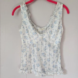 Frankee & Skylarr Cottagecore Floral Ruffle Trim Sheer Cami Top White Blue XS - Bild 1 von 9