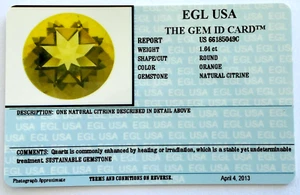 EGL USA Gem ID Card Natural Citrine 1.64ct Round Orange - Picture 1 of 3
