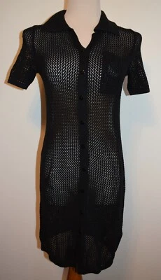 New Haute Hippie Dress XS Black Crochet Short Sleeve Button Swim Beach Coverup - Image 1 of 3