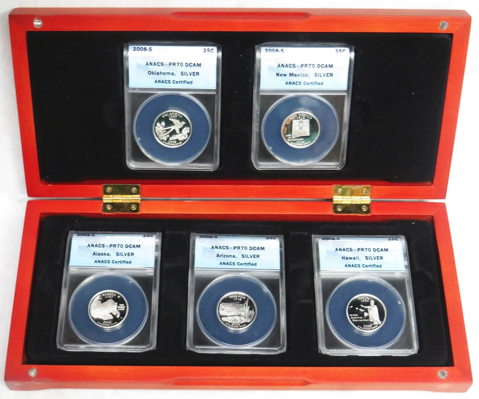 2008 S US Mint Silver 5 Coin State Quarter 25c Proof Set ANACS PR 70 DCAM In Box - Image 1 of 1