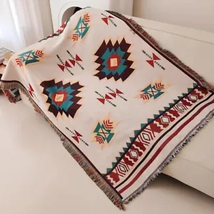 Oversized Aztec Blanket Boho Throw Fringed Southwestern Tapestry Vintage Throw - Picture 1 of 6