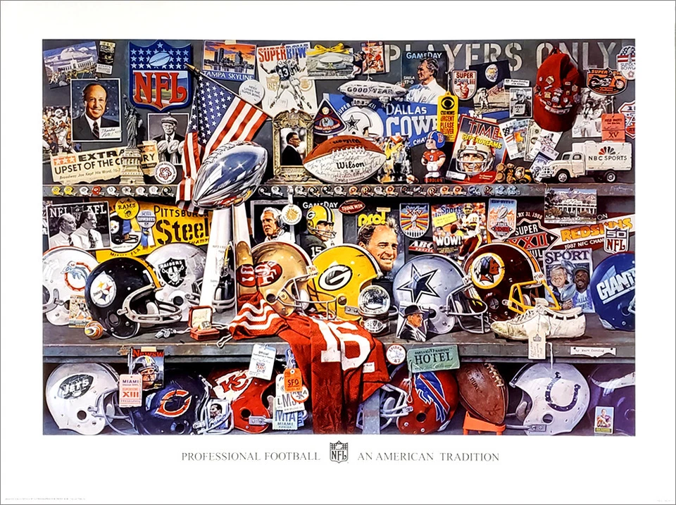 SPORTS POSTER WAREHOUSE NFL Super Bowl AN AMERICAN TRADITION Historic Collage Vintage 1991 26x34 POSTER