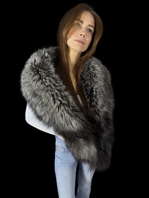 Silver Fox Fur Stole Natural Color Fox Saga Fur Scarf Silver-Black 63'' (160cm) - Image 1 of 4