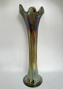 Vaso a coste fine vetro carnevale Fenton 32 cm verde iridescente oscillante Oilslick - Foto 1 di 9