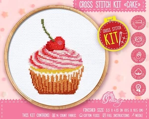 Kit de punto de cruz de comida cupcake de cereza - patrón fácil de contar con panecillo incluido - Imagen 1 de 9