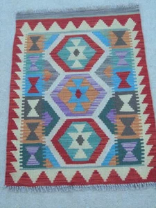 Colorful Vintage Turkish Wool / Cotton HAnd Woven Flat Woven Kilim 24x35" Washed - Picture 1 of 11