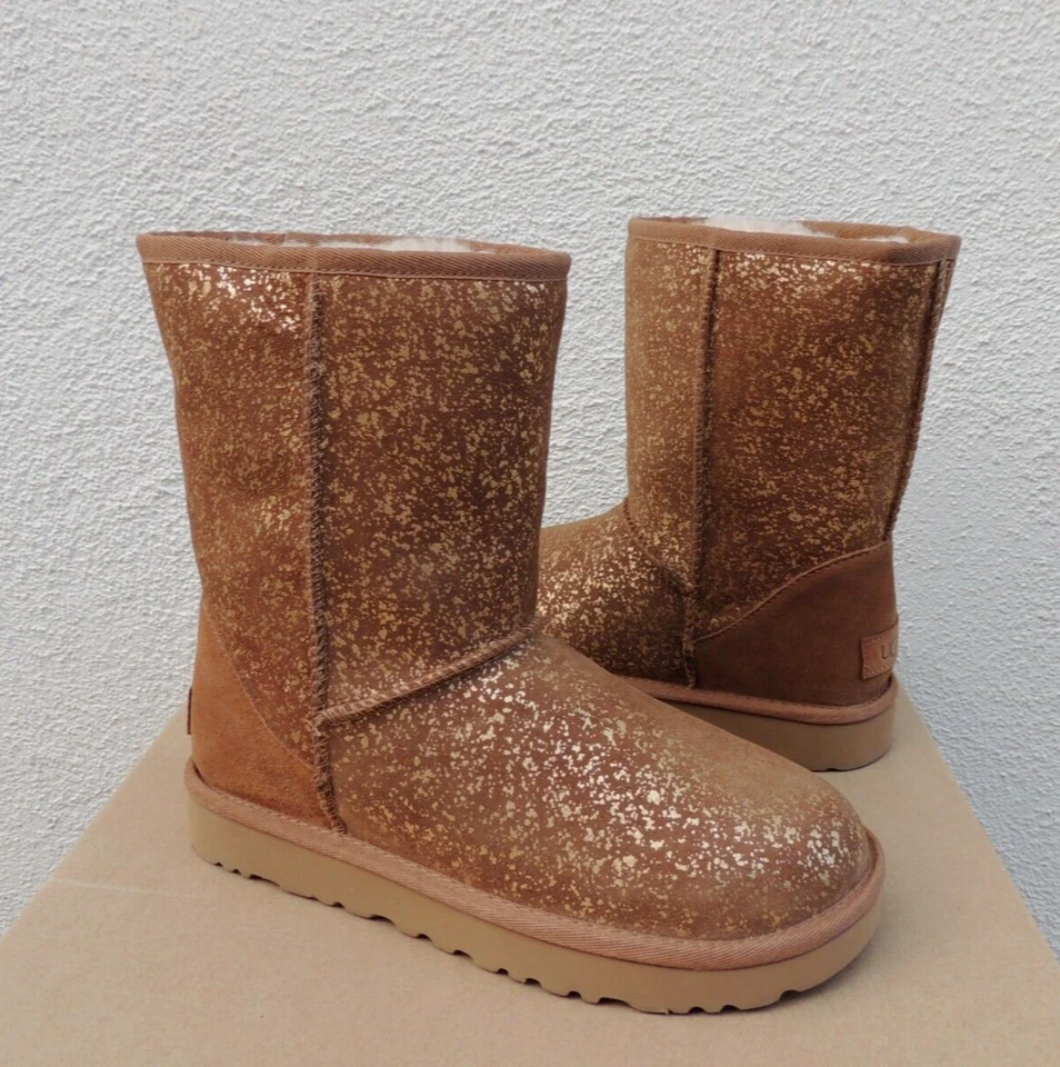UGG Chestnut Classic Short Foil Glam Suede/ Wool BOOTS Women US 6/ EUR 37