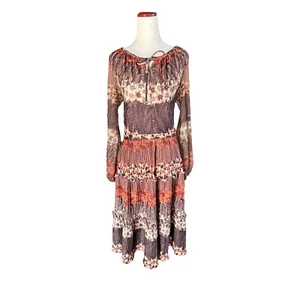 Vintage '70s Fall Floral Boho Peasant Midi Dress Tiered Broomstick Skirt Large - Picture 1 of 5