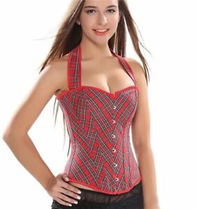 Red Plaid Corset Sexy Women  Bustier Plus Size Sexy Corselet Overbust Halter Cor