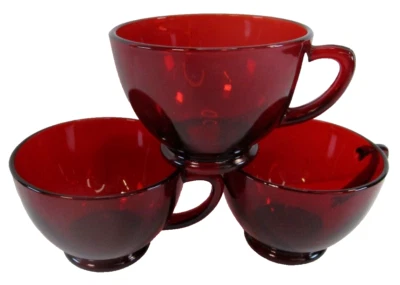 Anchor Hocking Royal Ruby Red Set of 3 Coffee Tea Cups 6 Oz No Saucers 1950s MCM - Image 1 of 4