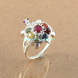 Anillo Tortuga Plata Esterlina 925 - Anillo Tortuga Piedras Preciosas Navratna tamaño EE. UU. 4 a 8 - Imagen 1 de 3