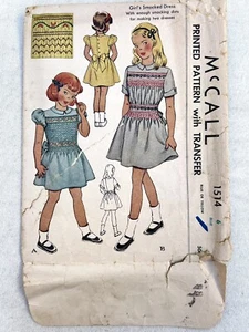 McCall 1514 Girls Smocked Dress W Transfer Original 1949 Pattern Sz 6 Breast 24" - Picture 1 of 13