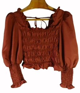 Milk Honey Smocked Rust Orange Shirt Top Size M Puff Sleeve Ruffle Cropped - Picture 1 of 13