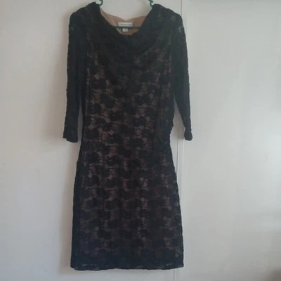 Coldwater Creek Dress Lined Black Metallic Lace Bodycon Fitted Size 12 - Image 1 of 4