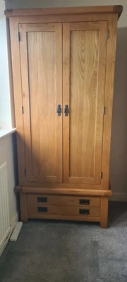 Solid oak wardrobe and  2 x bedside tables - barely used - Image 1 of 3