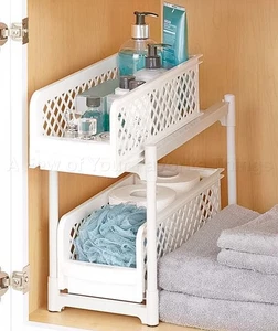 2 Ebenen Weiß Schiebe Aufbewahrung Regal Organizer Badezimmer Schlafsaal Wäsche unter Waschbecken - Bild 1 von 6