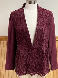 NWT CHICO'S sz 0/S Burgundy Faux Suede Chenille Lace Peplum Jacket - Picture 1 of 3