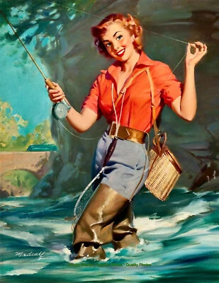 GOODS GALORE Beautiful Woman Fly Fishing in Waders 8.5x11" Photo Print River Pinup Medcalf