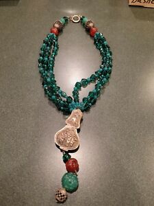 RARE EXQUISITE CHINESE SILVER LANTERN JADE GLASS NECKLACE
