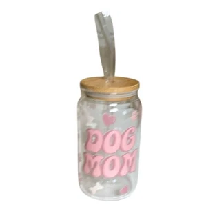 16 Oz Iced Coffee/Iced Drink Glass With Lid & Glass Straw-Dog Mom - Picture 1 of 5