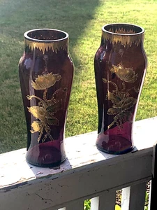 Legras & Cie Montjoye Art Nouveau Pair Purple Vase W/ Enameled Floral Décor (17D - Picture 1 of 14