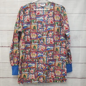 Landau Uniform Christmas Scrub Jacket Size Medium Patchwork Santa Art Works - Picture 1 of 8