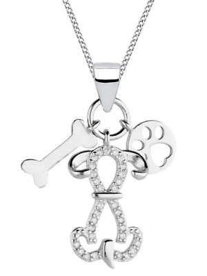 Halskette Silber Hund Pfote 925 Sterling mit Zirkonia Anhänger Kette Echtschmuck - Bild 1 von 3