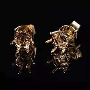 Round 5mm Semi Mount 6 Prong Earrings Basket Stud Setting Solid 14K Yellow Gold - Picture 1 of 7