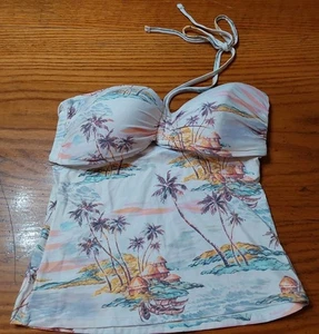 Freshwater Womens Palm Tree Island White Molded Cup Swim Tankini Top Size Med - Picture 1 of 5