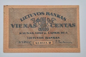 LITAUEN 1 CENTAS 1922 BANKNOTE - Bild 1 von 2