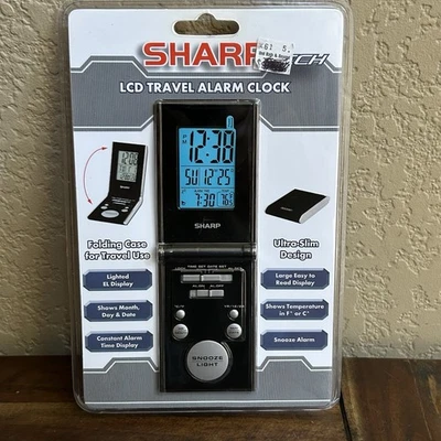 Sharp Tech LCD Travel Alarm Clock Ultra-Slim Design Folding Case Black Unopened - Image 1 of 4