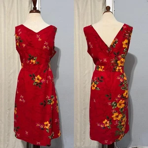 Vintage Erika Kleider Leinenmischung rot Blumen V-Ausschnitt ärmellos Midikleid XL - Bild 1 von 13