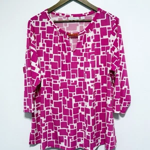 Susan Graver Tunic Womens 1X Pink Geometric Liquid Knit 3/4 Sleeve Stretch Top - Picture 1 of 10