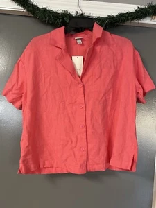 New Day Linen Short Sleeve Button-Down Camp Shirt Womens Small Pink - Picture 1 of 7