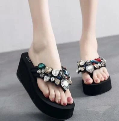 Ladies Rhinestone Flip Flops Wedge Heel Thongs Platform Slippers Casual Shoes Sz - Image 1 of 4