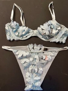  Victoria's SecretSet Underwire Plunge Bra 34B Brazilian Panty- M DUSTY BLUE NWT - Picture 1 of 12