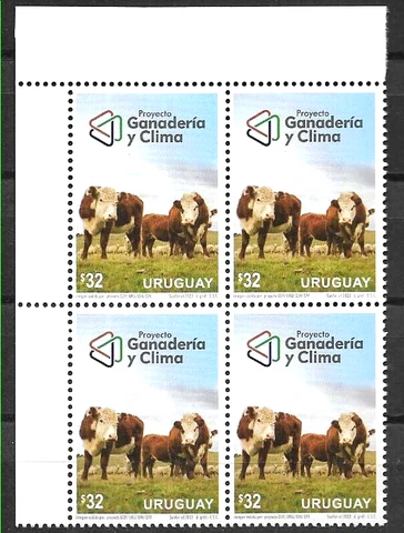#5038 URUGUAY 2023 FAUNA CATTLE COWS BLOC OF 4  MNH Cover