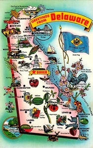 Greetings From Delaware State Map Postcard Vintage 1950s Delmar News Co Unposted - Picture 1 of 4