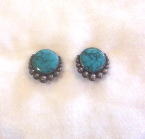 Pendientes de clip de botón vintage mexicanos de plata esterlina con imitación turquesa redonda - Imagen 1 de 2
