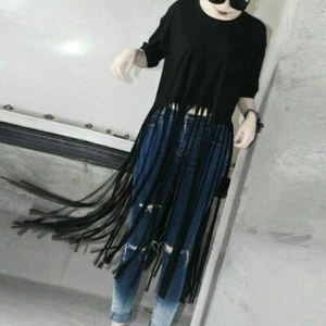 Womens Short Sleeve T-shirt w/ Long Tassels Fringe Top Tee Shirt Hippie Goth - Picture 1 of 15