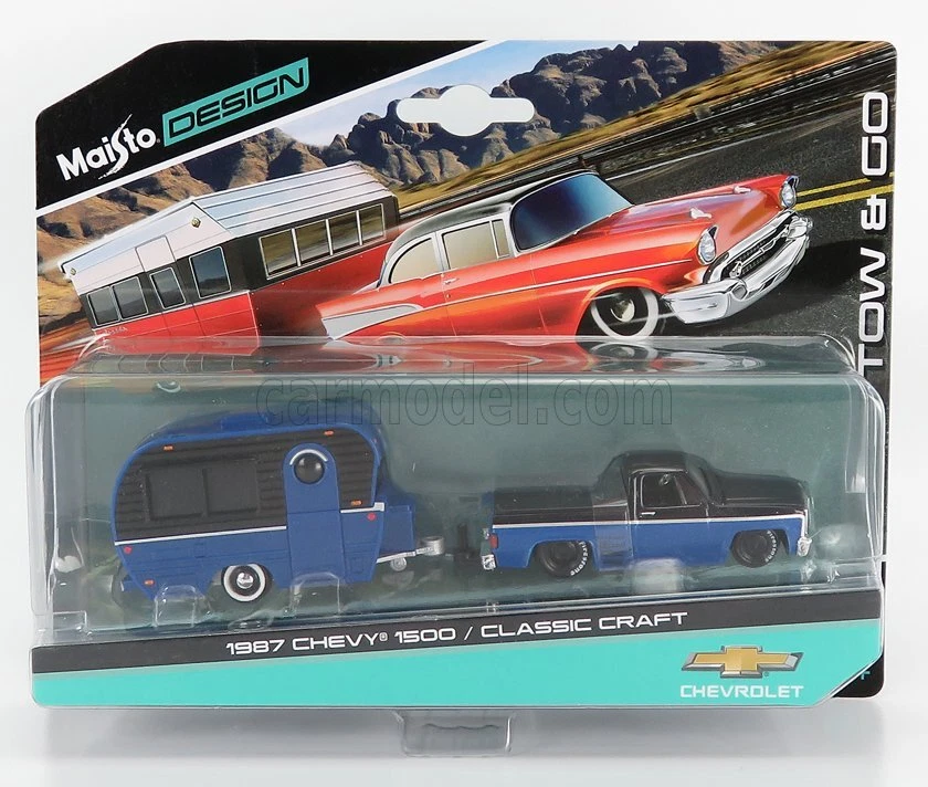 MAISTO 15368-07 CHEVROLET - 1500 PICK-UP WITH TRAILER ROULOTTE 1987 - BLUE BLACK