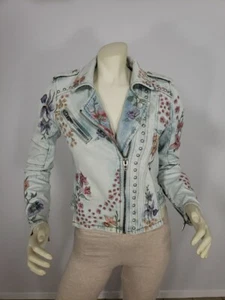 BLANK NYC EMBOIDERED STUDDED DISTRESSED ACID WASH MOTO DENIM JACKET WOMEN'S XS - Picture 1 of 24