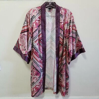 Victorias Secret Women Robe Satin Kimono M/L Purple Pink Boho Print Pockets - Image 1 of 4